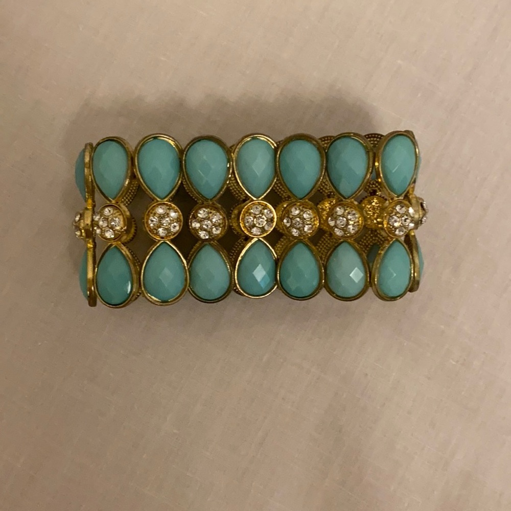 🍎Women’s Vintage Costume Turquoise & Rhinestone Stretch Bracelet ~ Lovely3/25🍎